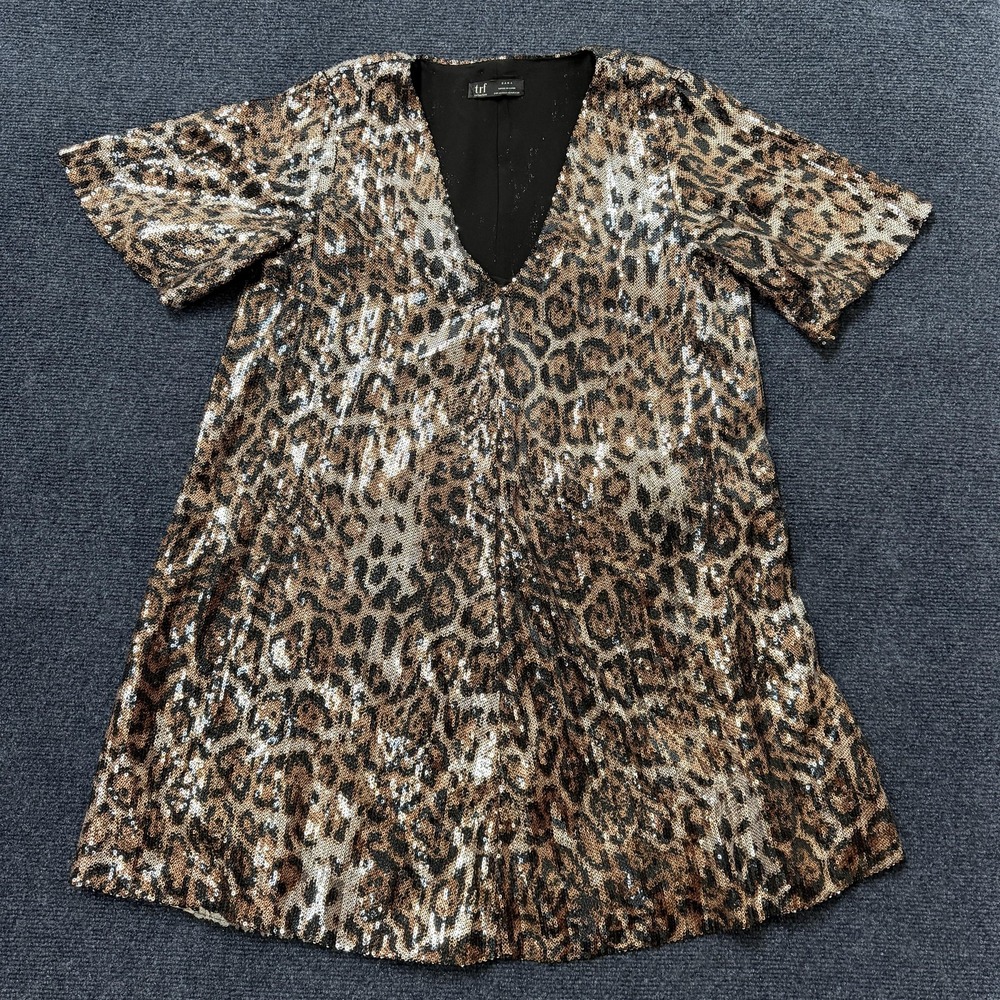 Zara Dress Womens XS Brown Sequin Leopard‎ V Neck Short Sleeve Swing Mini Party